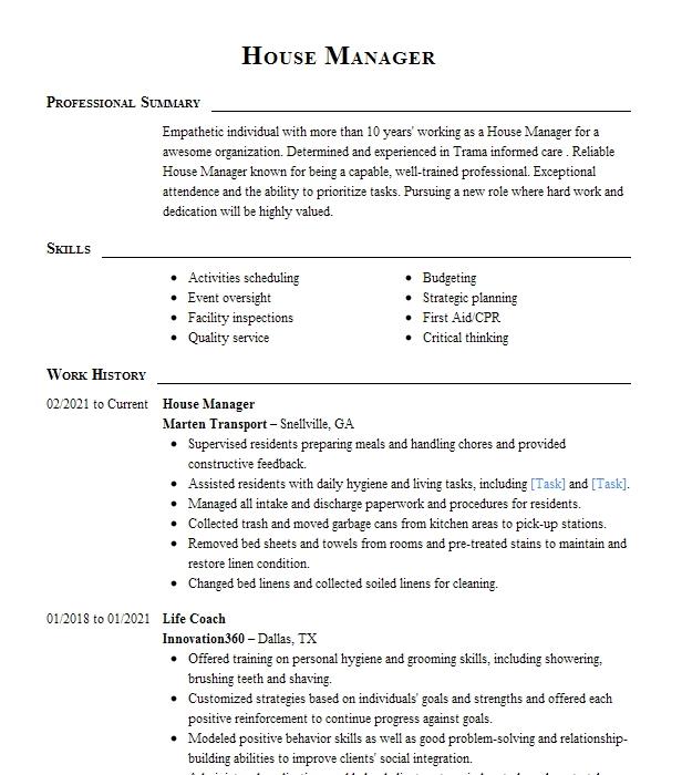 House Manager Resume Example