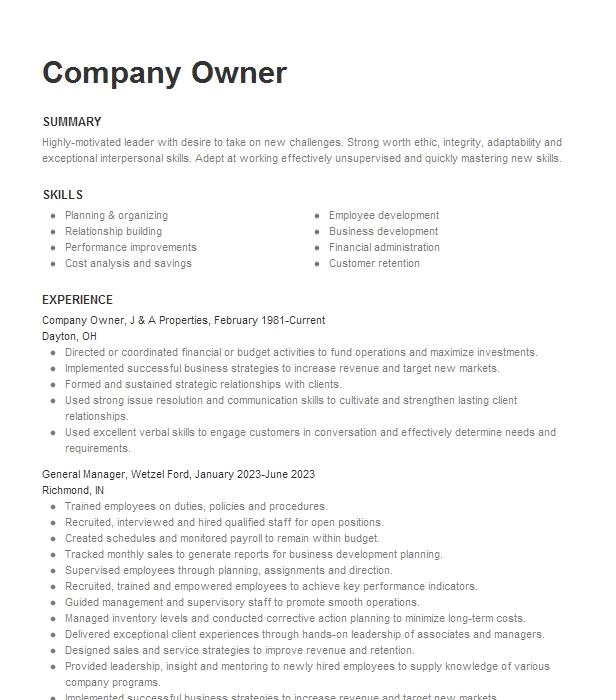 Company Owner Resume Example