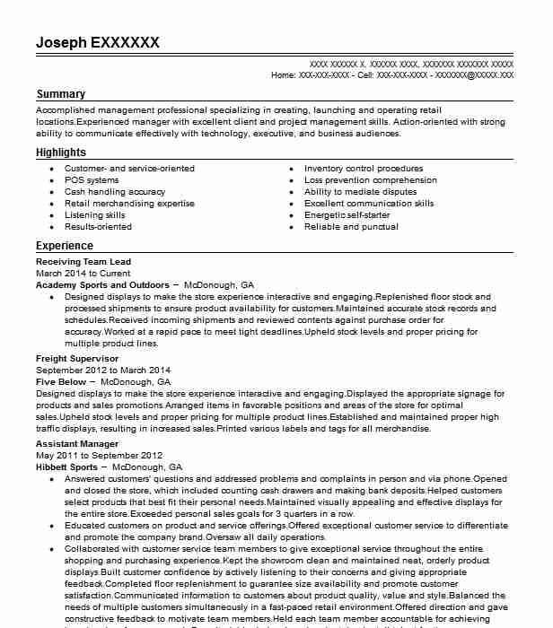 Receiving Team Lead Resume Example