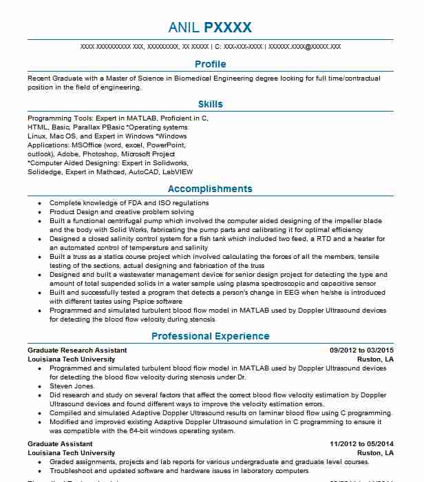 Graduate Research Assistant Resume Example