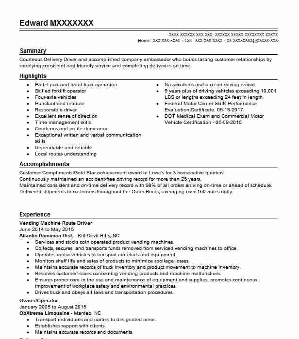 Temp Vending Route Driver Resume Example