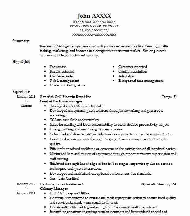 Front Of The House Manager Resume Example