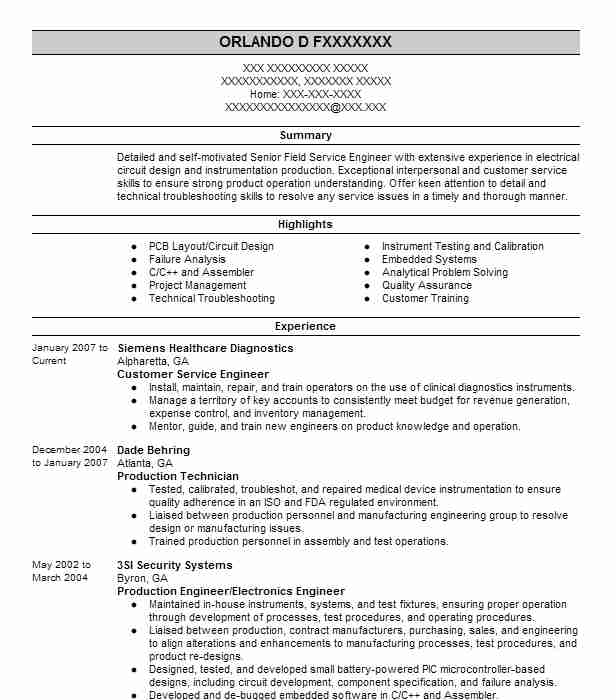 Customer Service Engineer Resume Example