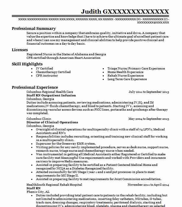 Rn Outpatient Infusion Room Charge Nurse Resume Example