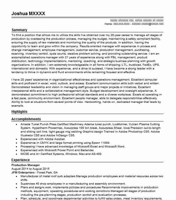 resume format for experienced production manager