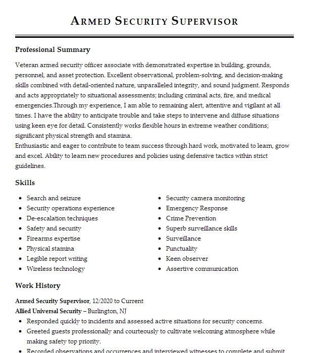 Armed Security Supervisor Resume Example