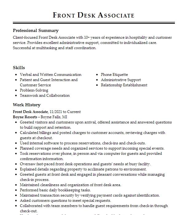 Front Desk Associate Resume Example