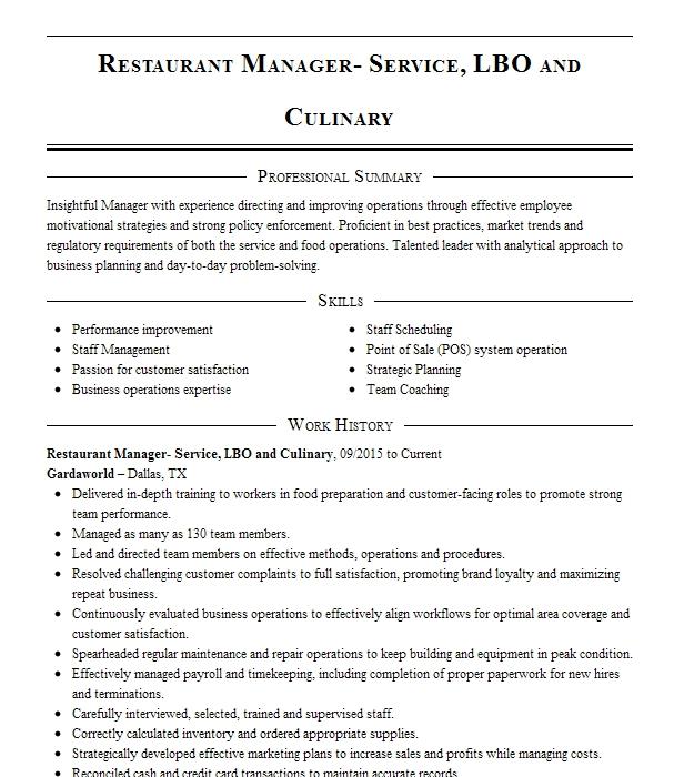 Culinary Professional Service Manager Resume Example