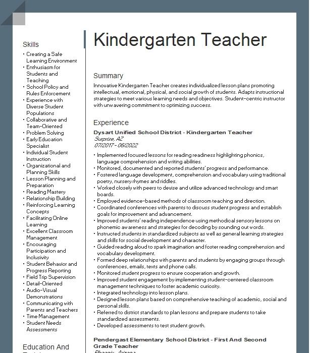 Kindergarten Teacher Resume Example