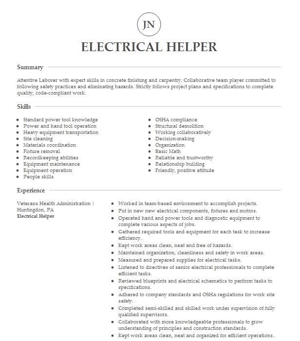 Electrical Craft Helper Resume Example