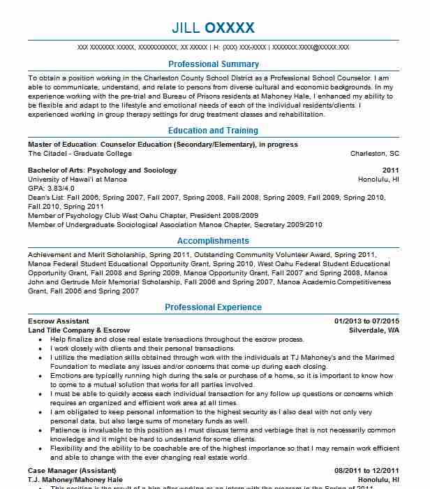 Escrow Assistant Resume Example