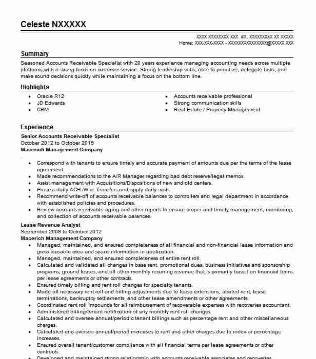 Senior Accounts Receivable Specialist Resume Example