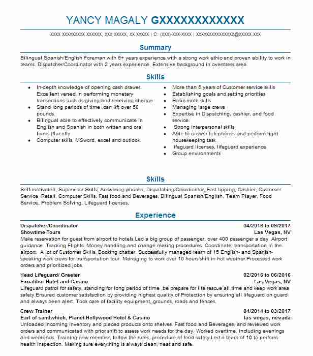 Confirmer Dispatcher Coordinator Resume Example