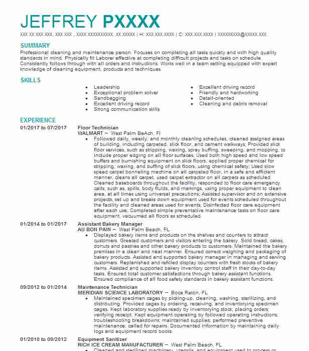 Floor Technician Resume Example