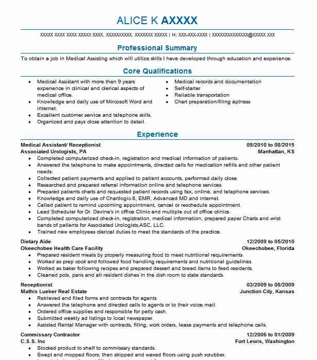 Medical Assistant Medical Receptionist Resume Example