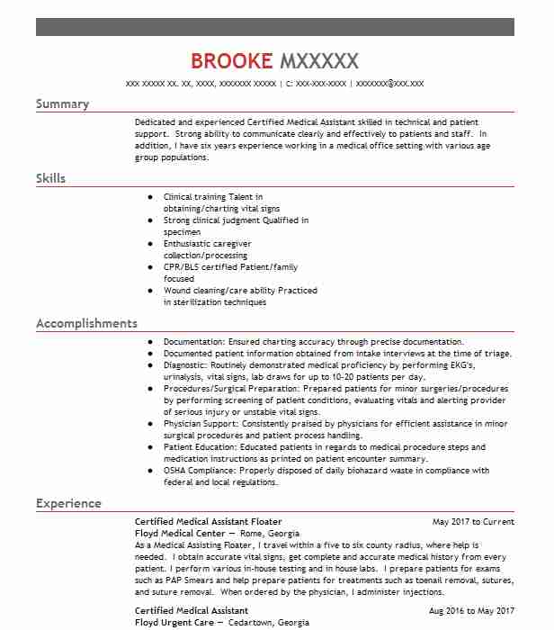 National Certified Medical Assistant Nct Floater Resume Example