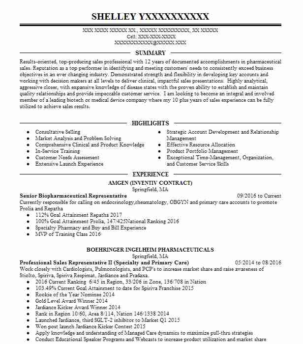 Senior Biopharmaceutical Representative Resume Example