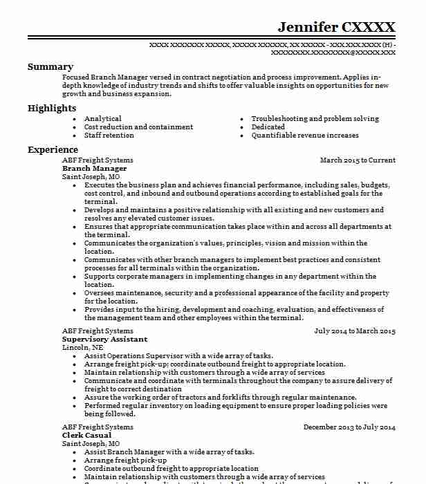 Branch Manager Resume Example