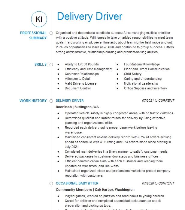 Delivery Driver Resume Example