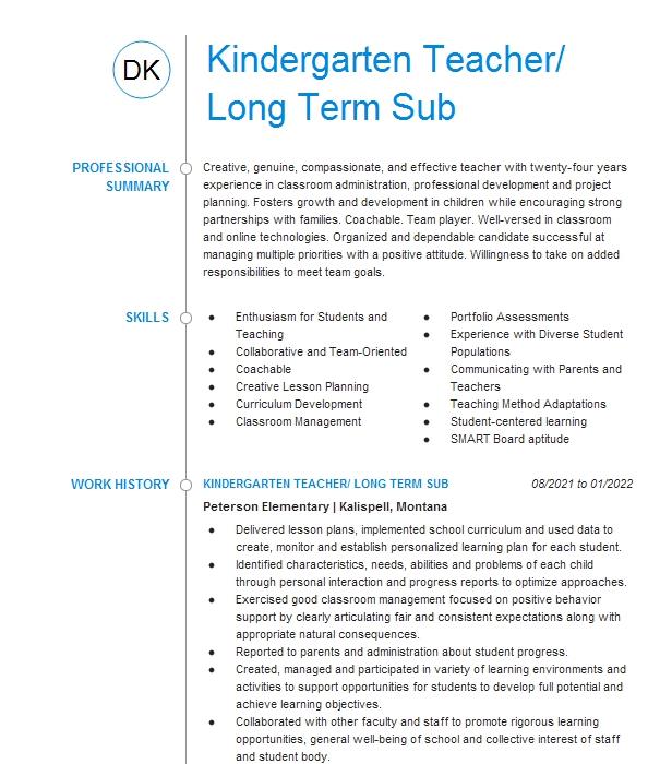 Long Term Substitute Kindergarten Teacher Resume Example