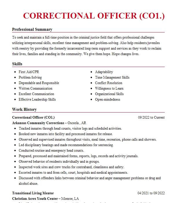 Correctional Officer Co1 Resume Example