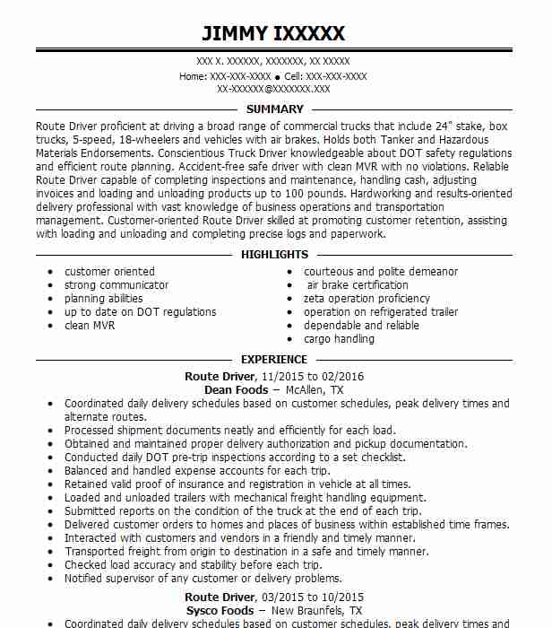 Route Driver Resume Example