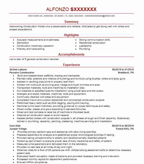 Skilled Laborer Resume Example