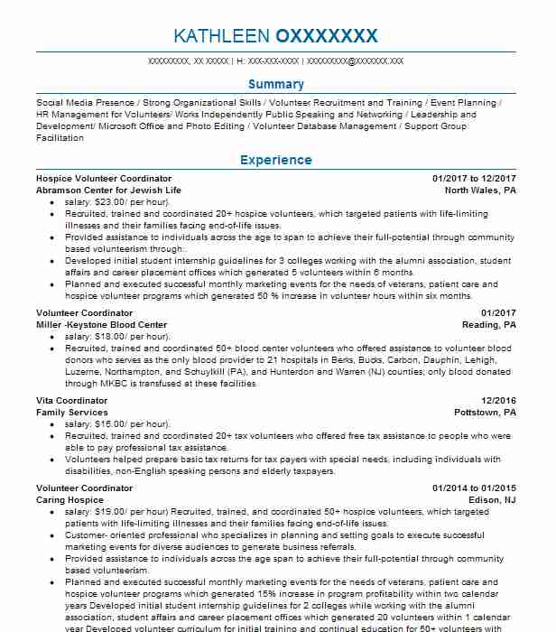 Hospice Volunteer Coordinator Resume Example