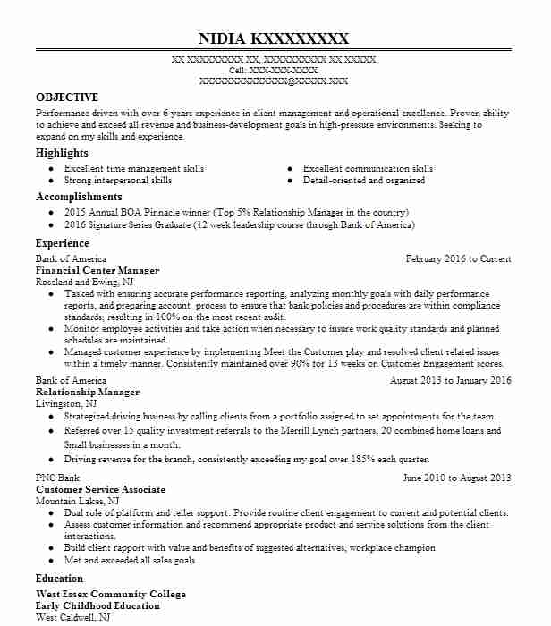 Financial Center Manager Resume Example