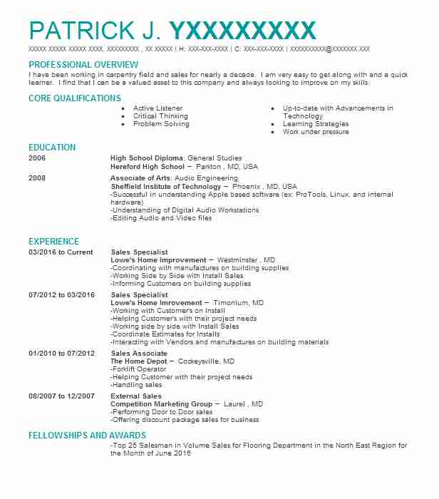 Sales Specialist Resume Example