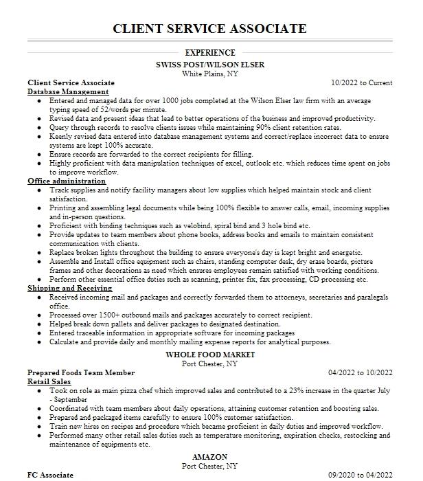 Client Service Associate Resume Example