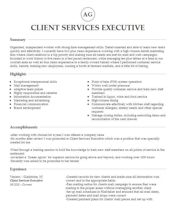 Client Services Executive Resume Example