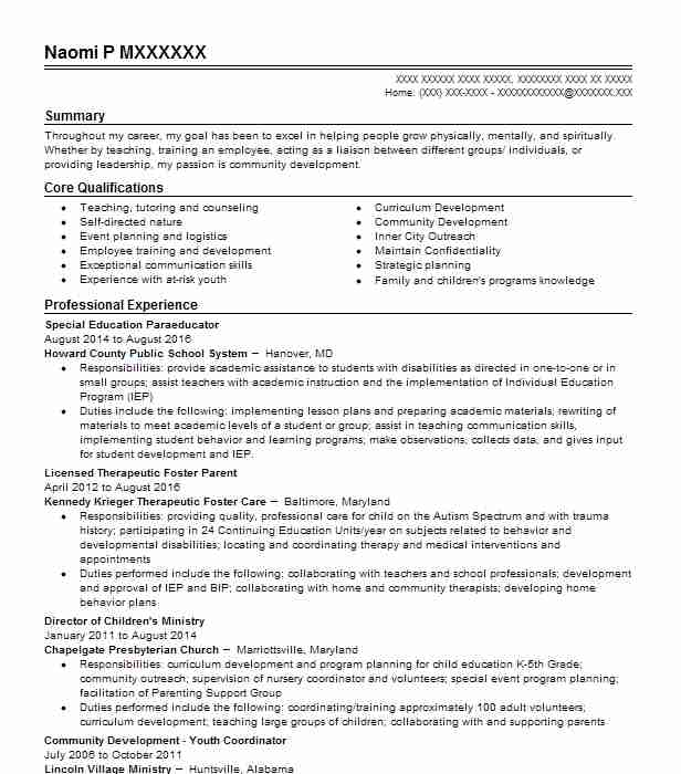 Special Education Paraeducator Resume Example