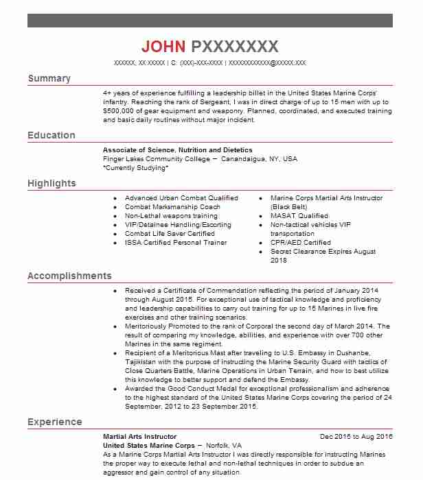 Childrens Martial Arts Instructor Resume Example