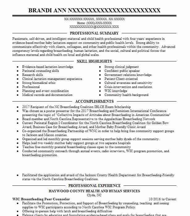 Breastfeeding Peer Counselor Wic Resume Example