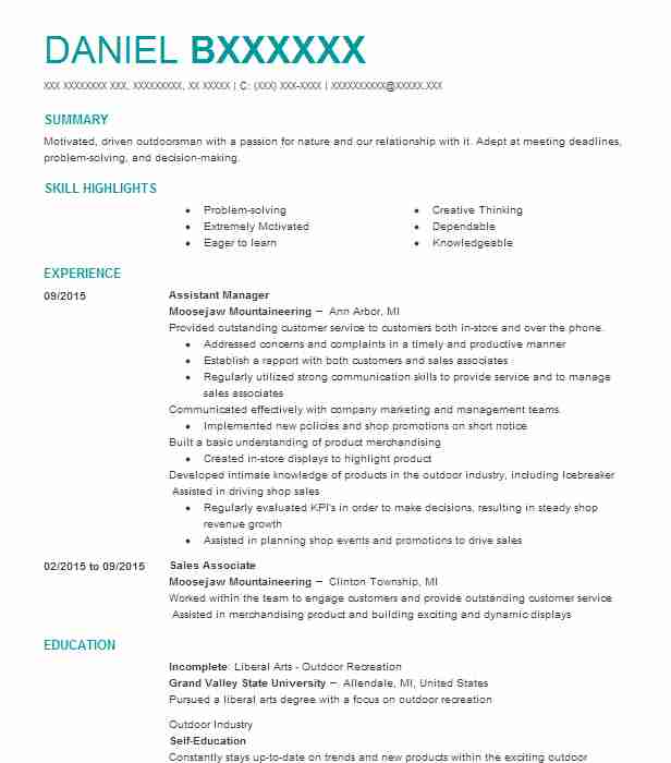 Assistant Manager Resume Example