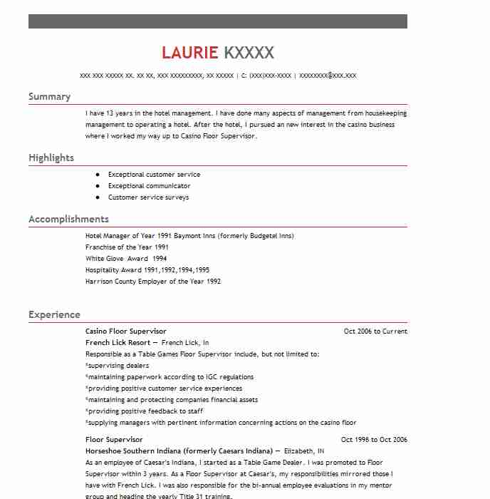 Casino Floor Supervisor Resume Example