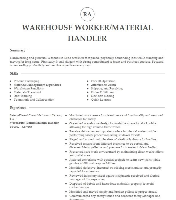 Warehouse Material Handler Resume Objective | LiveCareer