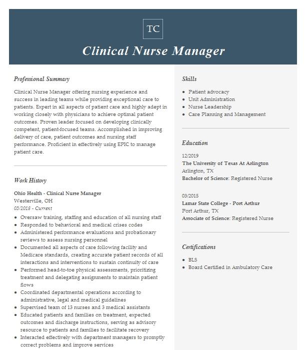 Clinical Nurse Manager Resume Example