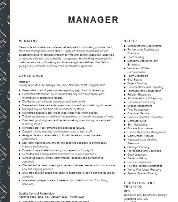 Manager Resume Example