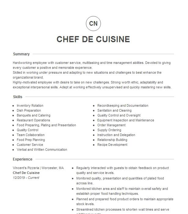 Chef De Cuisine Resume Example