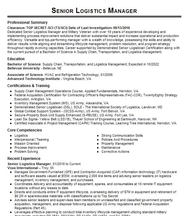 Senior Logistics Manager Resume Example