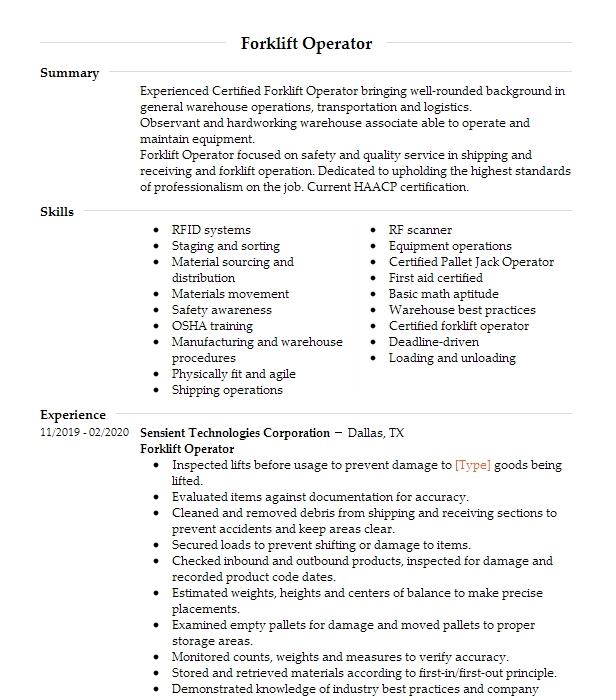 Forklift Operator Resume Example