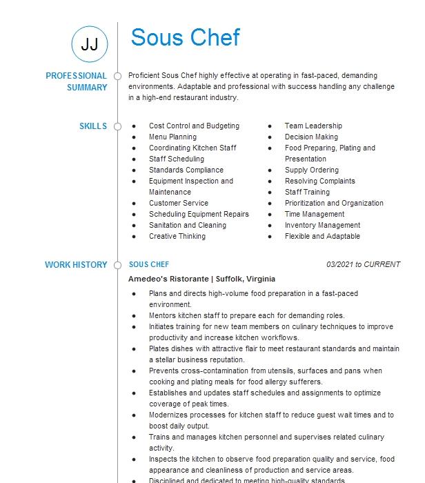 Sous Chef Resume Example