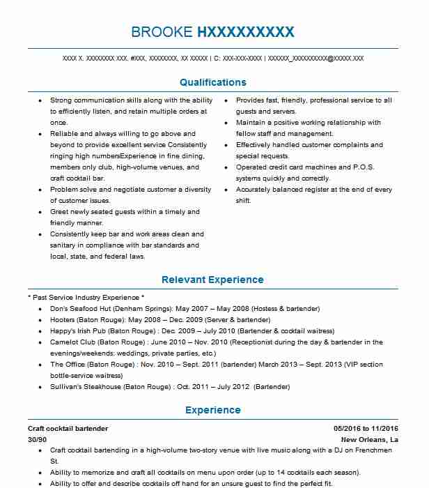 Restaurant Manager Foh Server Craft Cocktail Bartender Resume Example