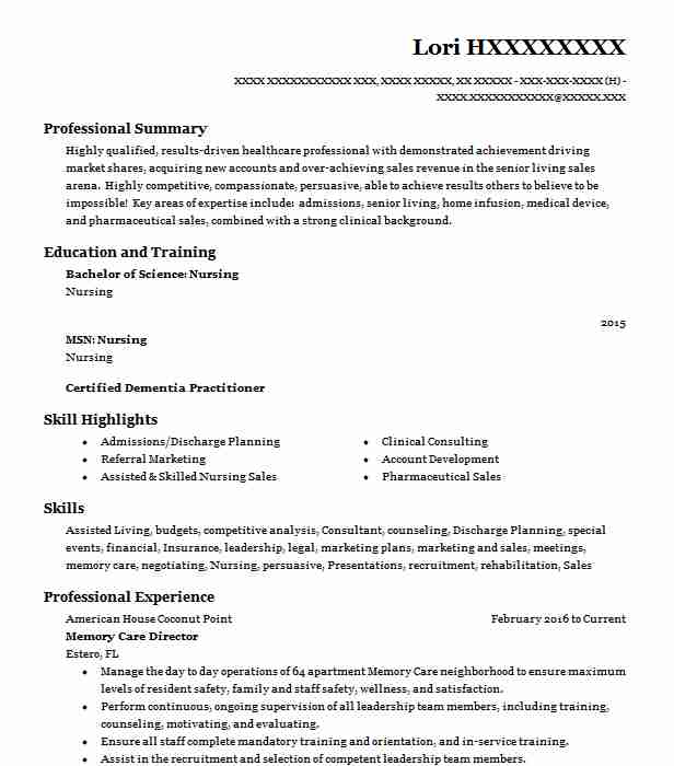 Memory Care Director Resume Example