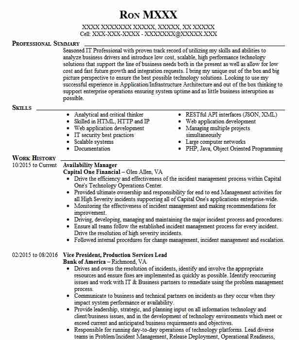 Availability Project Manager Resume Example