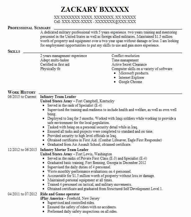 Infantry Team Leader Resume Example