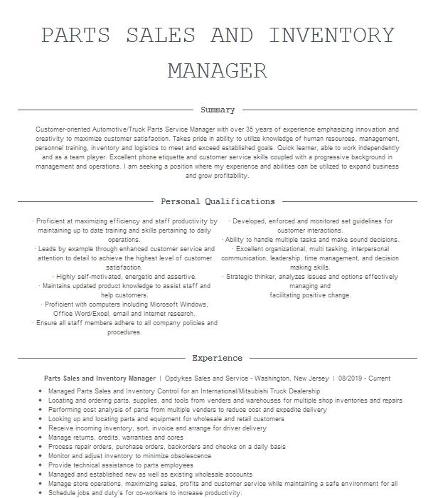 Parts Inventory Manager Resume Example