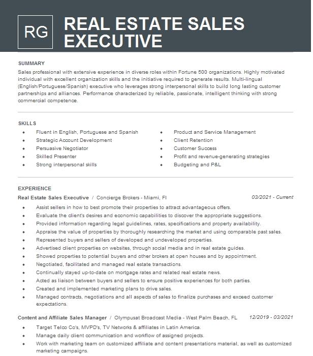 Real Estate Sales Executive Resume Example